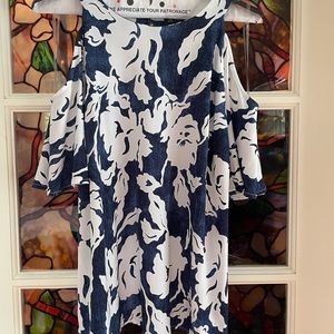 White floral and Denim-like top with peek-a-boo shoulders